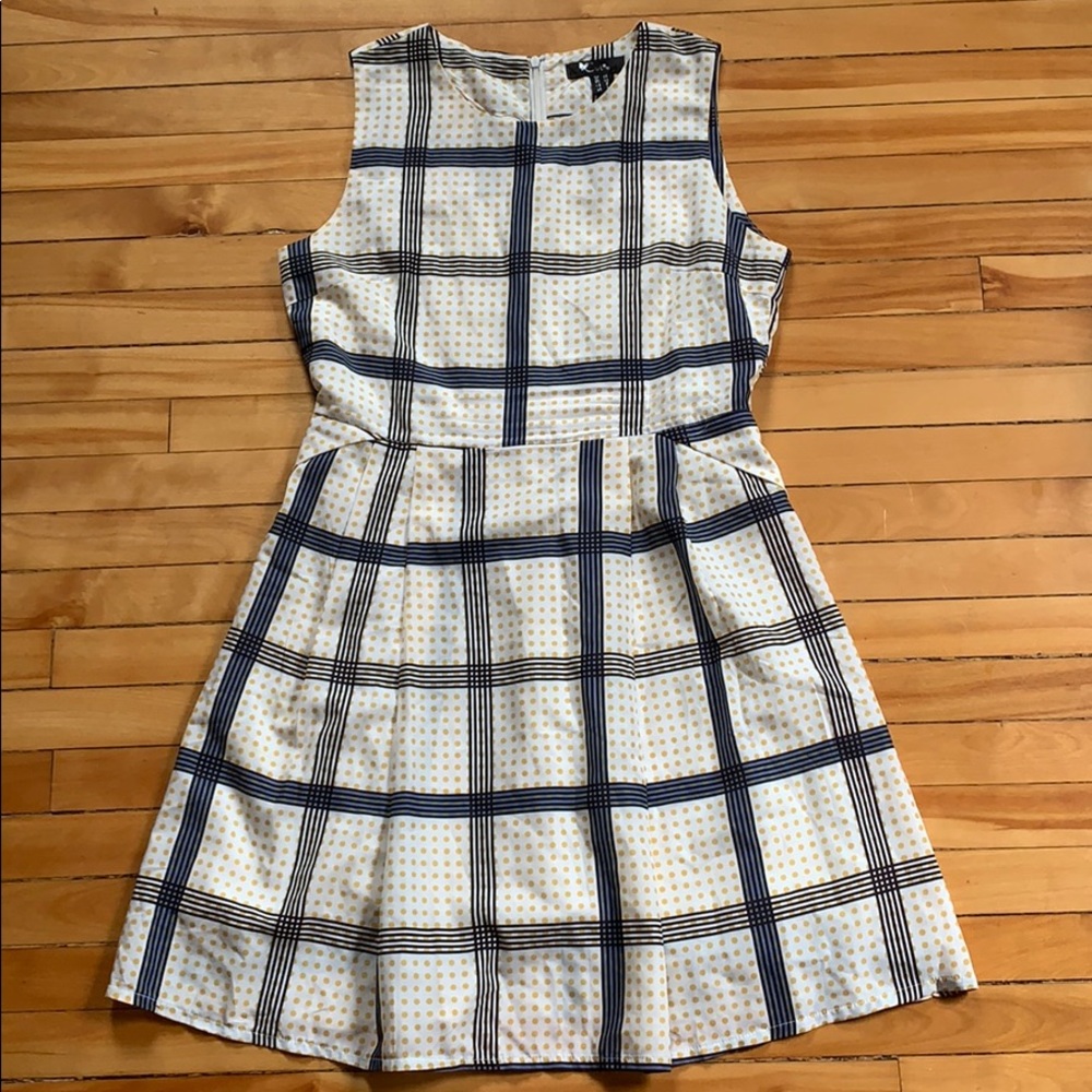 Yellow polka dots and blue stripes white dress